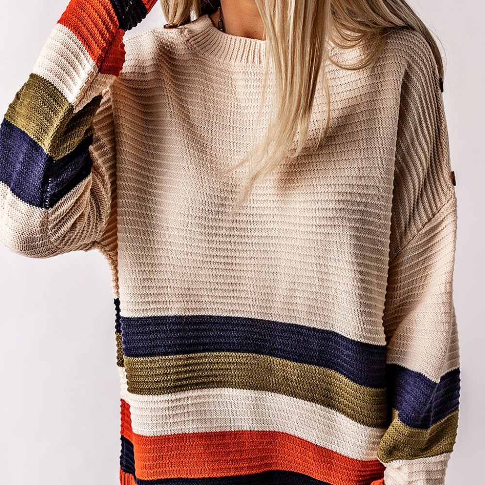 White Buttoned Shoulder Drop Shoulder Striped Sweater